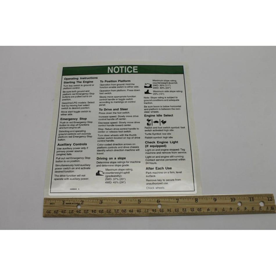 Genie Part # 1000044. 1000044GT - DECAL.NOTICE.OPER INST.Z34IC