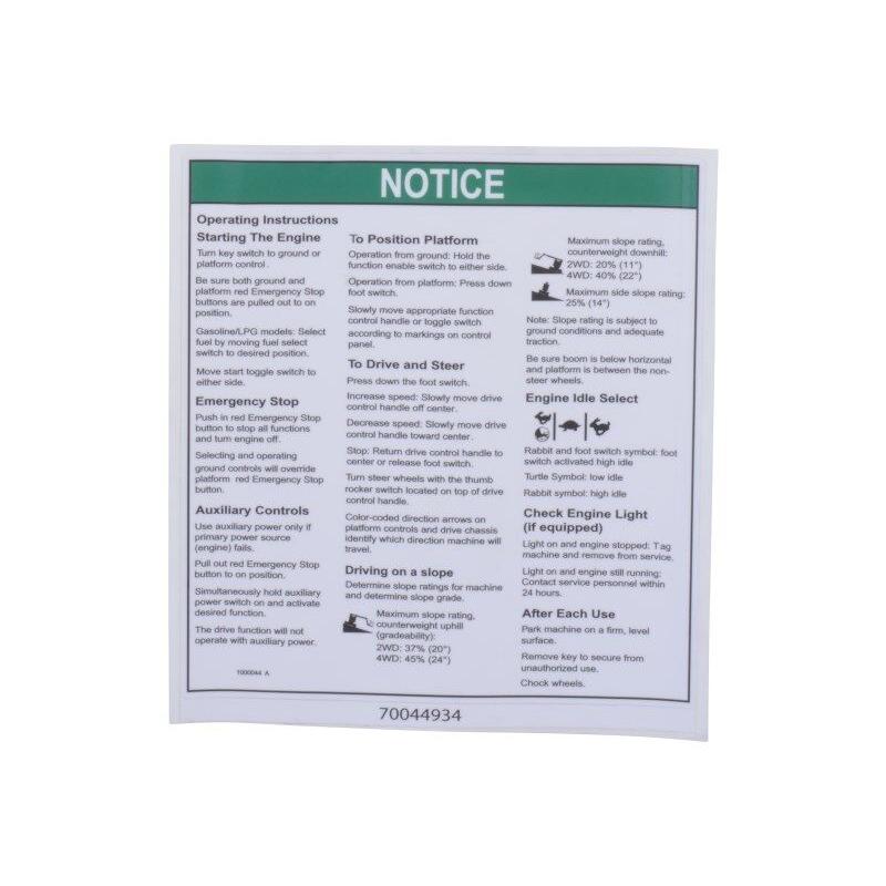 JLG Part # 1000044 - Genie-DECAL. NOTICE OPER INST