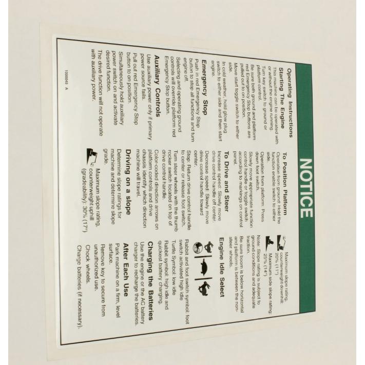 Genie Part # 1000045. 1000045GT - DECAL.NOTICE.OPER INST BE