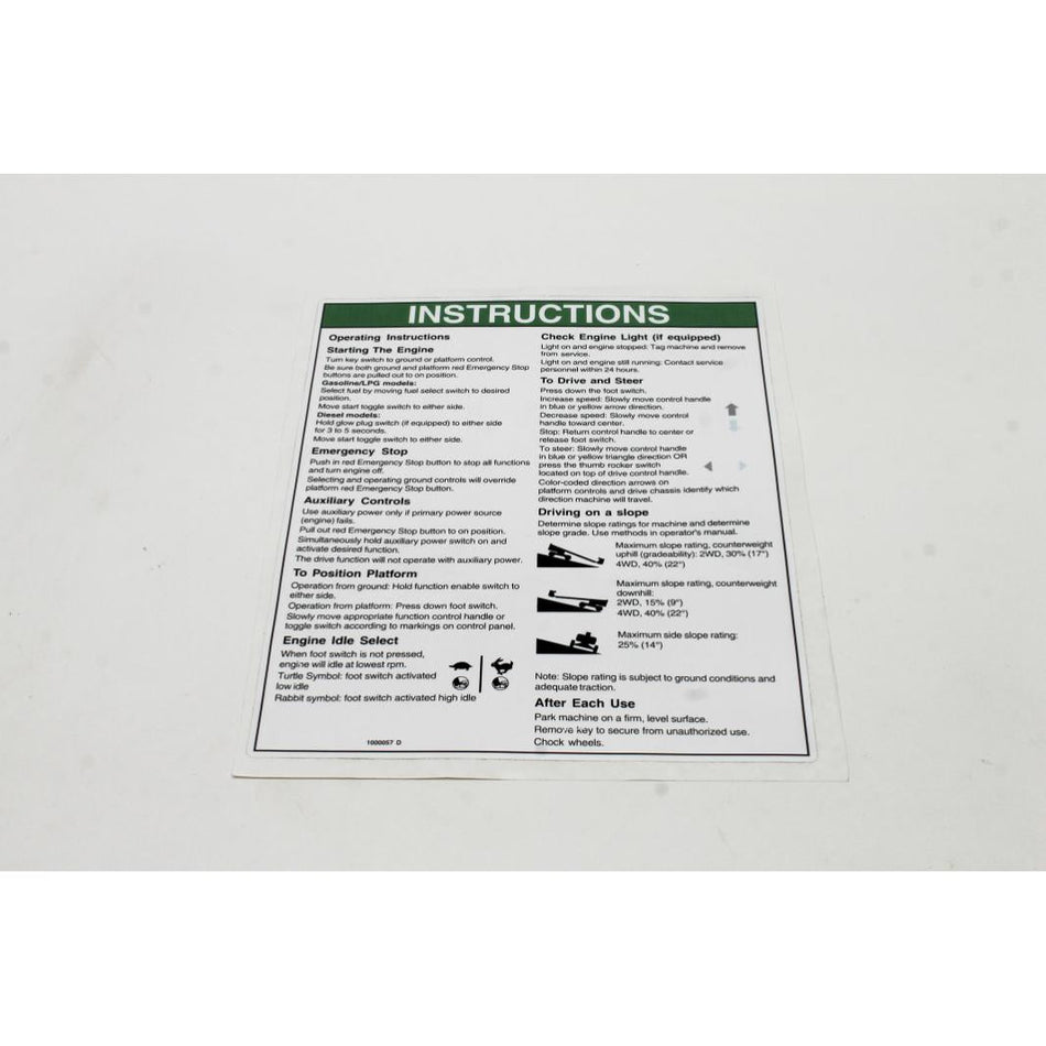 Genie Part # 1000057. 1000057GT - DECAL.NOTICE.OPER INST.IC