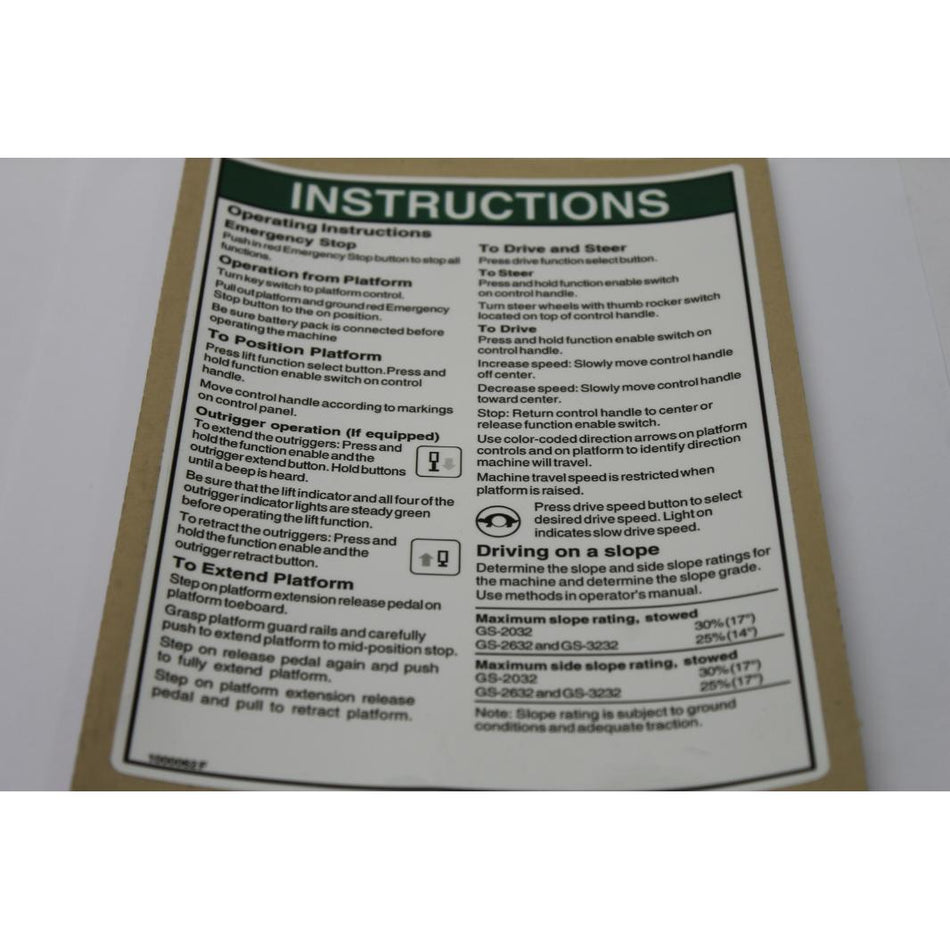 Genie Part # 1000062. 1000062GT - DECAL.INSTRUCT-OP GEN5.GS-32