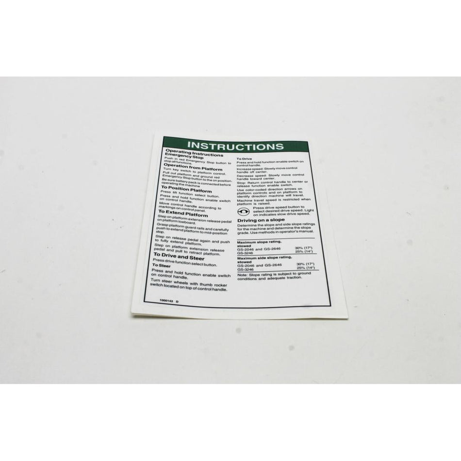 Genie Part # 1000143. 1000143GT - DECAL.INSTRUCT-OP.GEN5.GS-46