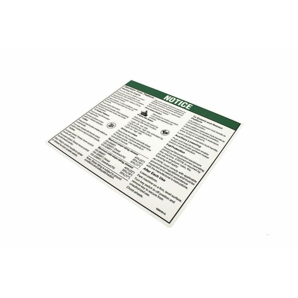 Genie Part # 1000191. 1000191GT - DECAL.NOTICE.INST.PLAT-GS68RT