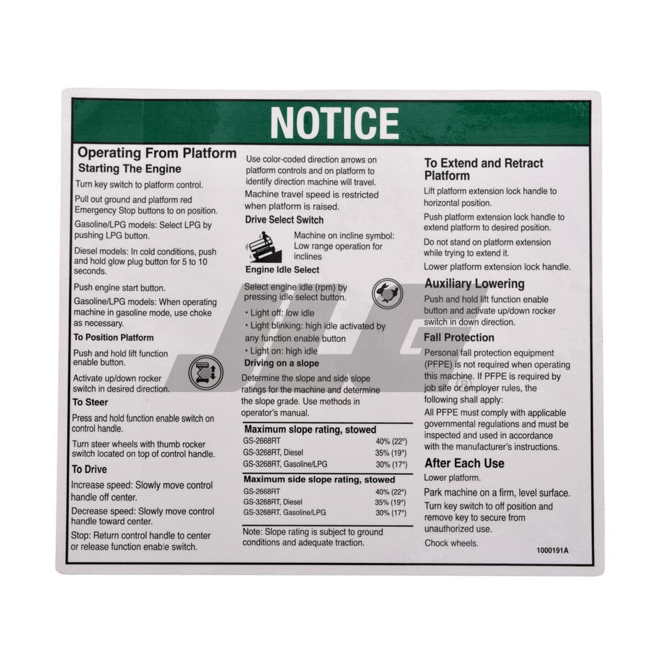 JLG Part # 1000191 - Genie-NOTICE. INST. PLATFORM GS68RT