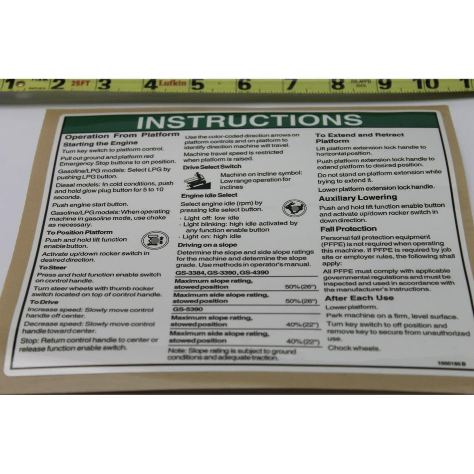 Genie Part # 1000195. 1000195GT - DECAL.NOTICE.OP INST.PLATFORM