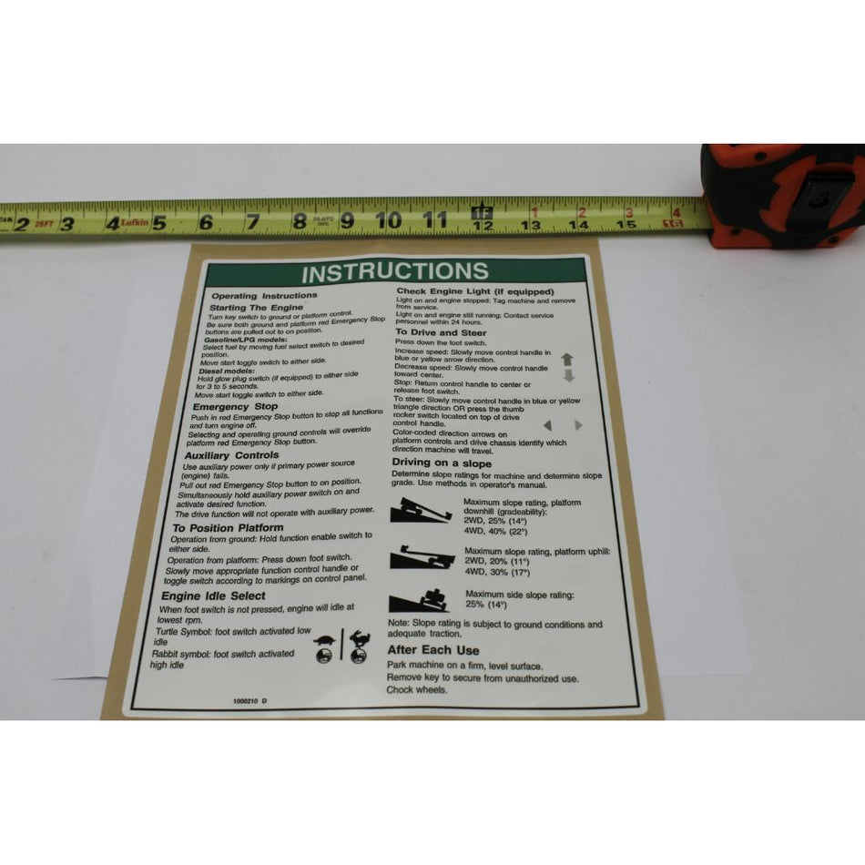 Genie Part # 1000210. 1000210GT - DECAL.NOTICE.OPER INST.IC