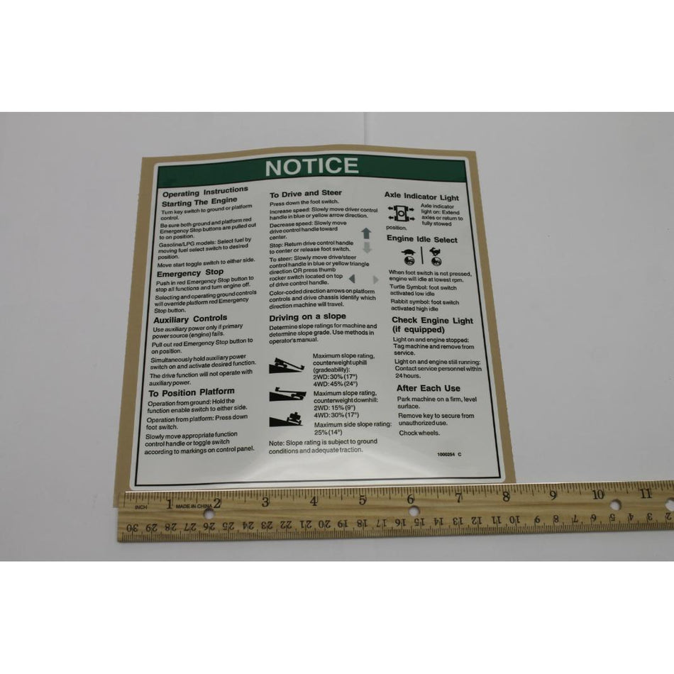 Genie Part # 1000254. 1000254GT - DECAL.NOTICE.OPERATING INST.IC