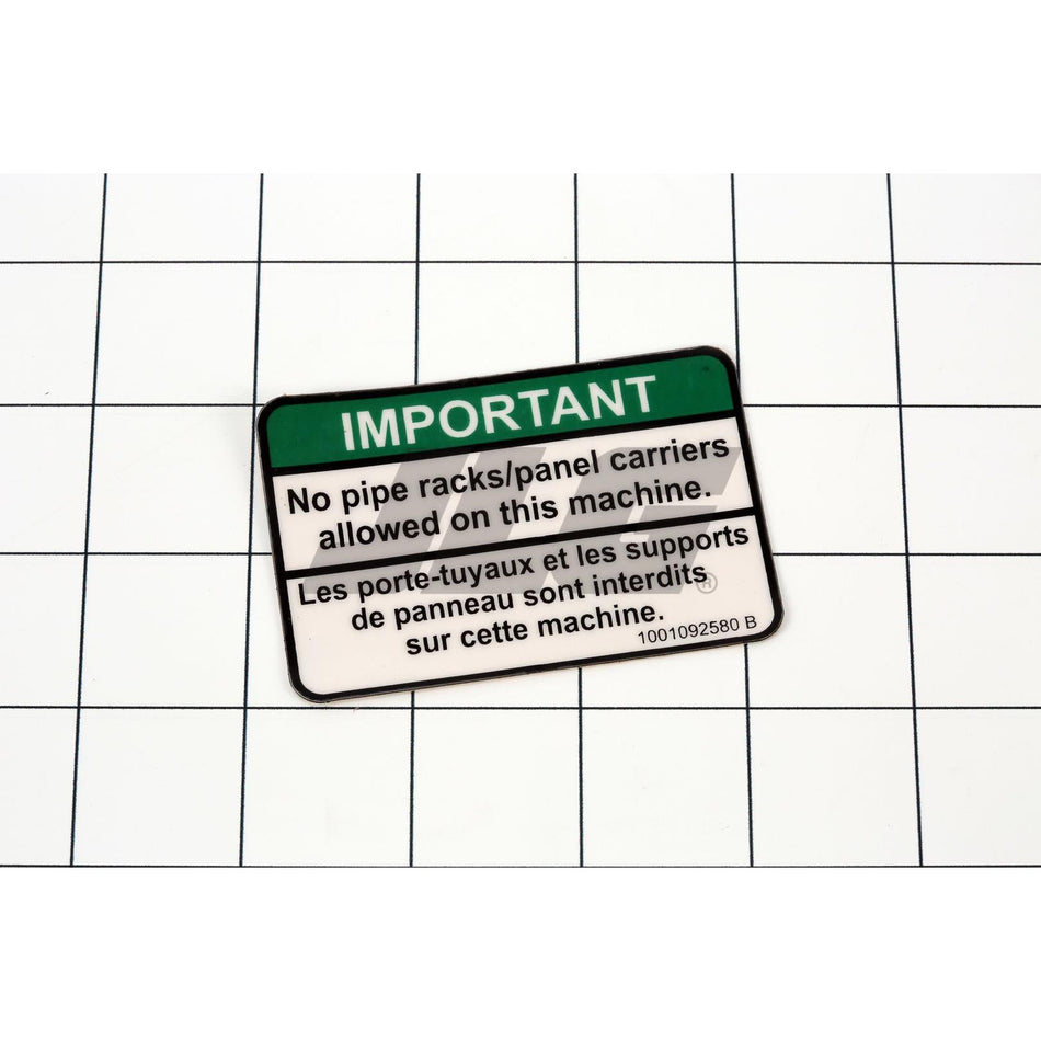 JLG Part # 1001092580 - DECAL. NO PIPE RACKS ALLOWED