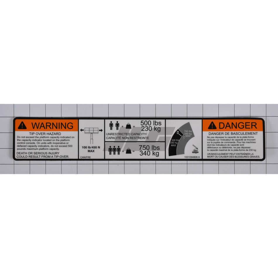 JLG Part # 1001094806 - DECAL. WARNING DUAL CAPACITY
