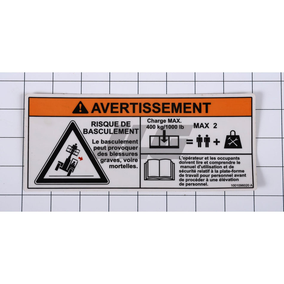 JLG Part # 1001096020 - DECAL. PLATF. CAP