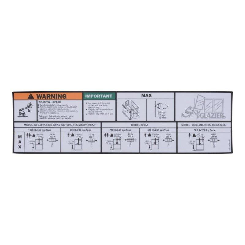 JLG Part # 1001101420 - DECAL. SKY GLAZIER CAPACITY