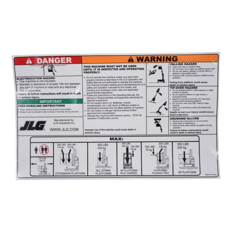 JLG Part # 1001117179 - DECAL. WARNING/INSTRUCTION DOM