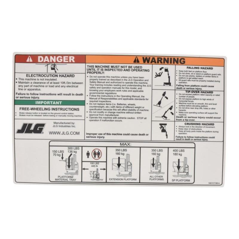JLG Part # 1001117185 - DECAL. WARNING/INSTRUCTION DOM