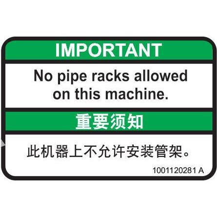 JLG Part # 1001120281 - DECAL. NO PIPE RACKS (ENG/CHI)