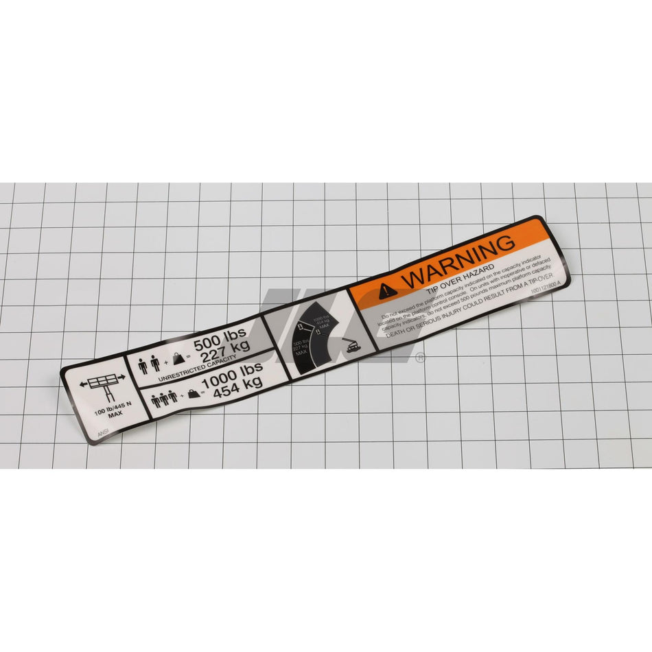 JLG Part # 1001121800 - DECAL. WARNING DUAL CAP. DOM.
