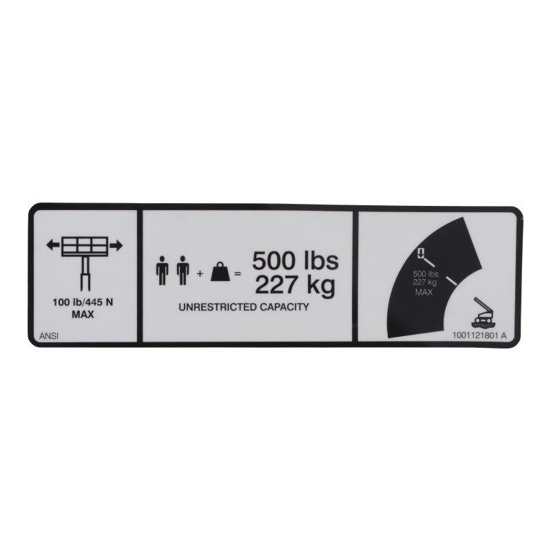 JLG Part # 1001121801 - DECAL. MAX CAP. 500LBS/227KG