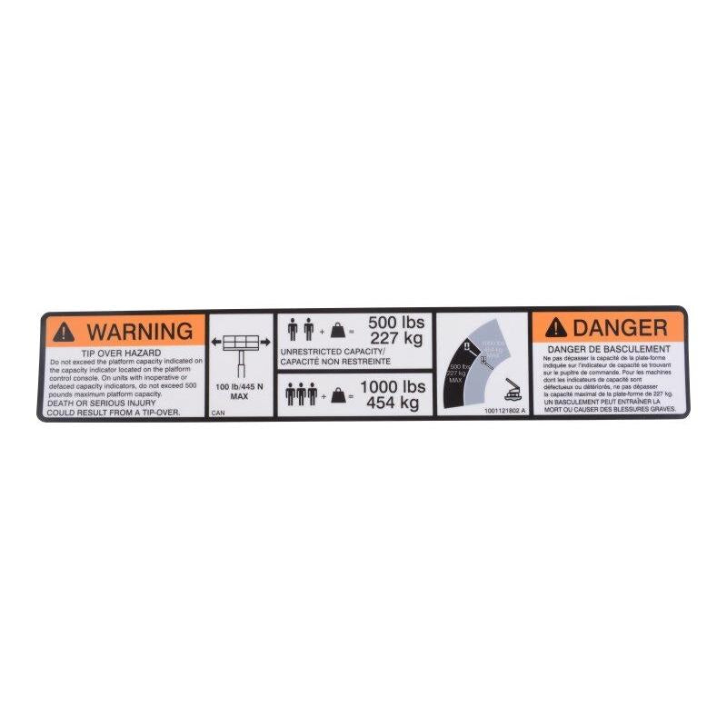 JLG Part # 1001121802 - DECAL. WARNING DUAL CAP. (CAN)