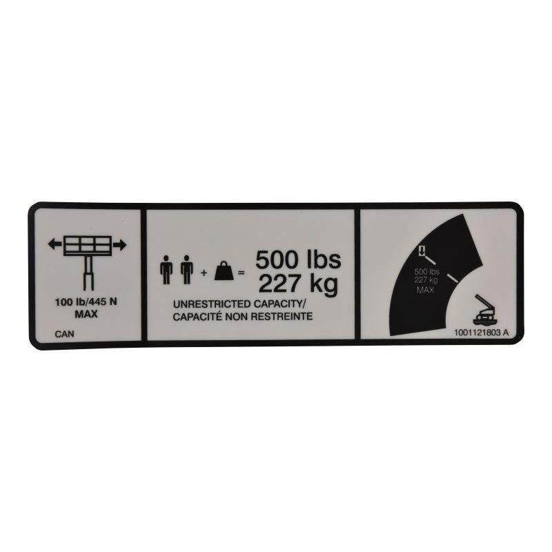 JLG Part # 1001121803 - DECAL. MAX CAP. 500LBS/227KG