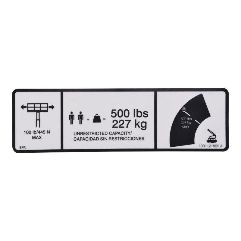 JLG Part # 1001121805 - DECAL. MAX CAP. 500LBS/227KG