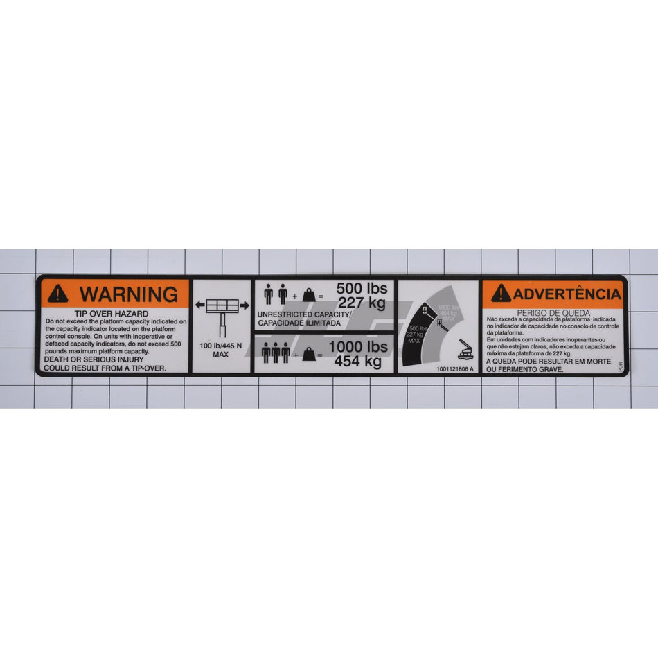 JLG Part # 1001121806 - DECAL. WARNING DUAL CAP.