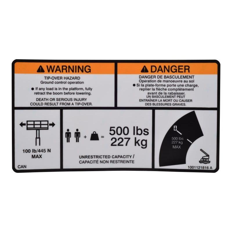 JLG Part # 1001121816 - DECAL. WARNING. MAX CAP.ENG/FRE