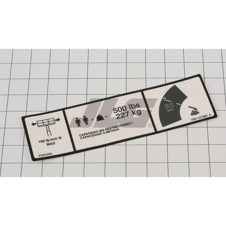 JLG Part # 1001121920 - DECAL. 500 MAX CAP (POR/SPA)