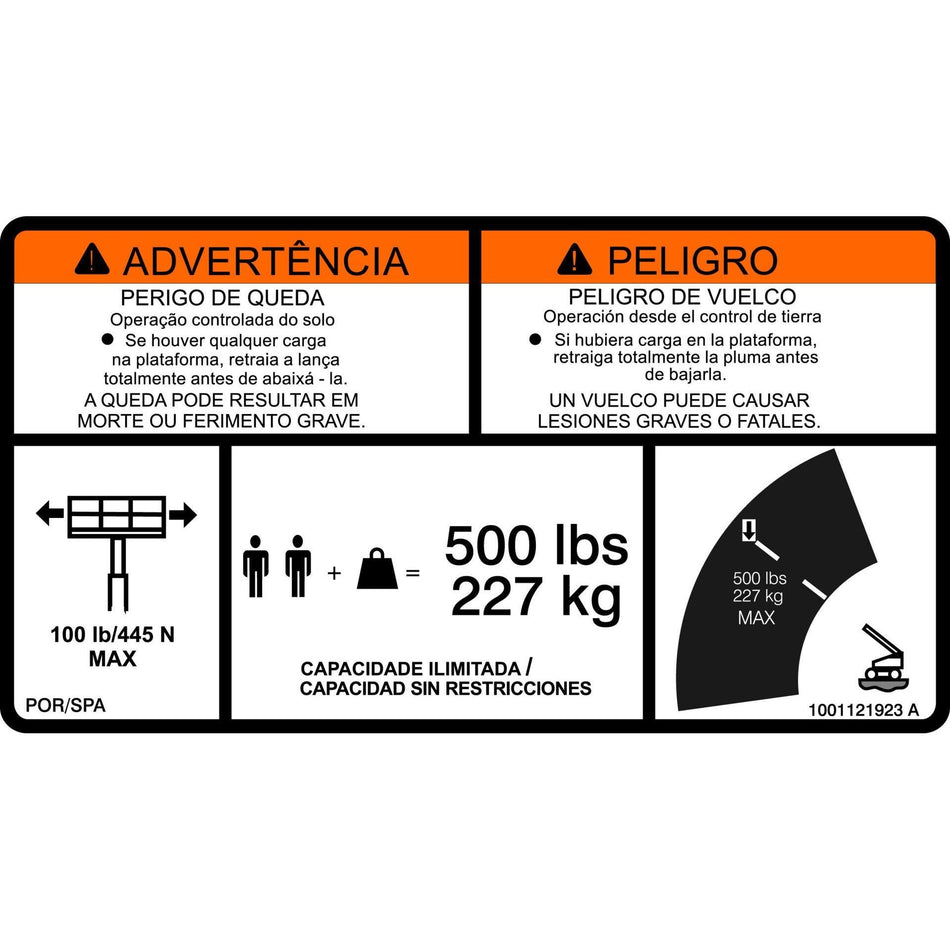 JLG Part # 1001121923 - DECAL. WARNING 500 MAX CAP