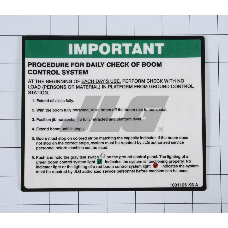 JLG Part # 1001125196 - DECAL. BCS DAILY CHECK