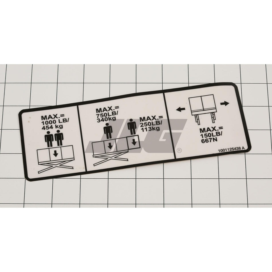 JLG Part # 1001125438 - DECAL. CAPACITY 1000LBS/454KG
