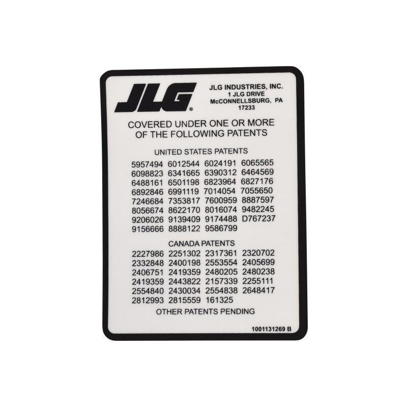JLG Part # 1001131269 - DECAL. PATENT. BOOMS