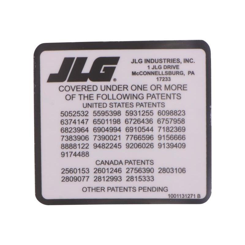 JLG Part # 1001131271 - DECAL. PATENT. TELEHANDLERS