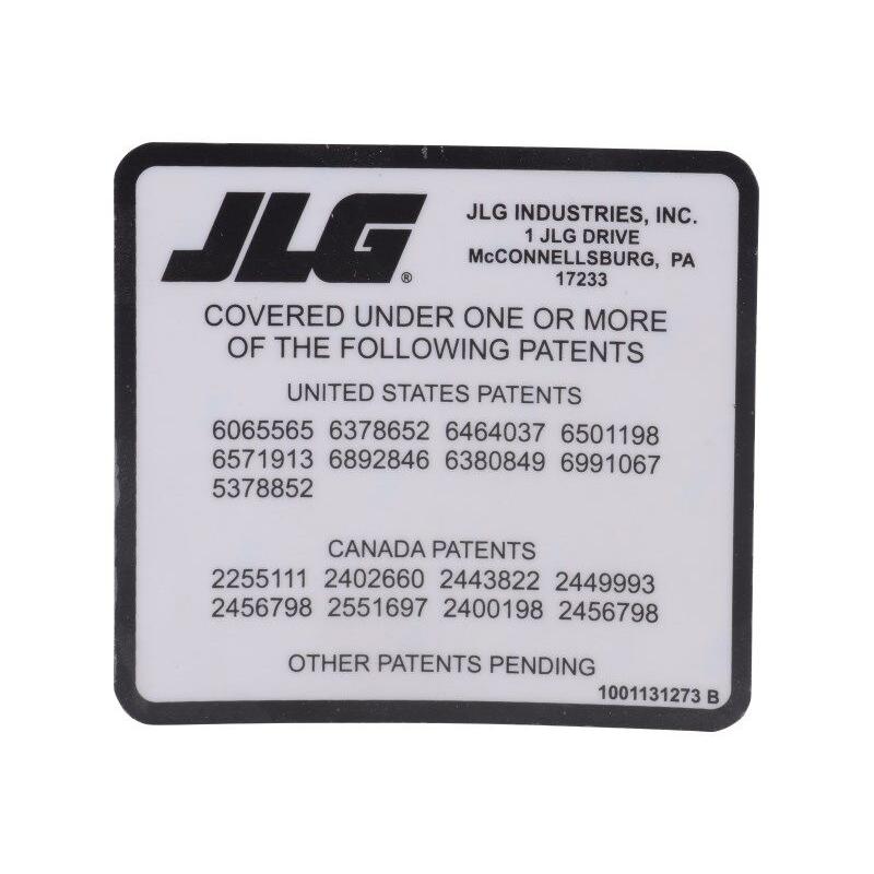 JLG Part # 1001131273 - DECAL. PATENT. VERTICALS