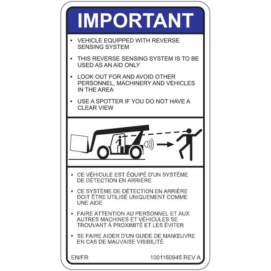 JLG Part # 1001160945 - DECAL. REVERSE SENSOR SYSTEM