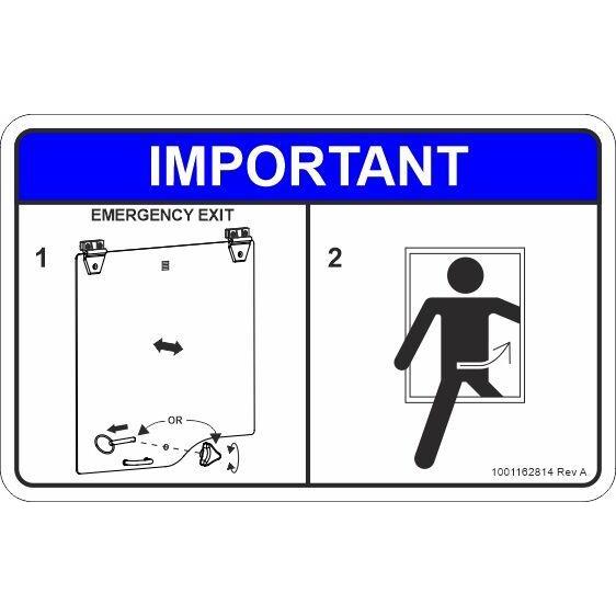 JLG Part # 1001162814 - DECAL. REAR WINDOW EXIT (ASME)