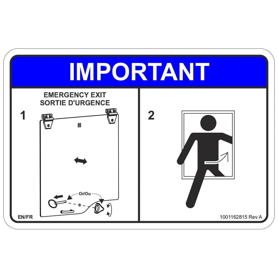 JLG Part # 1001162815 - DECAL. REAR WINDOW EXIT (EN/FR)