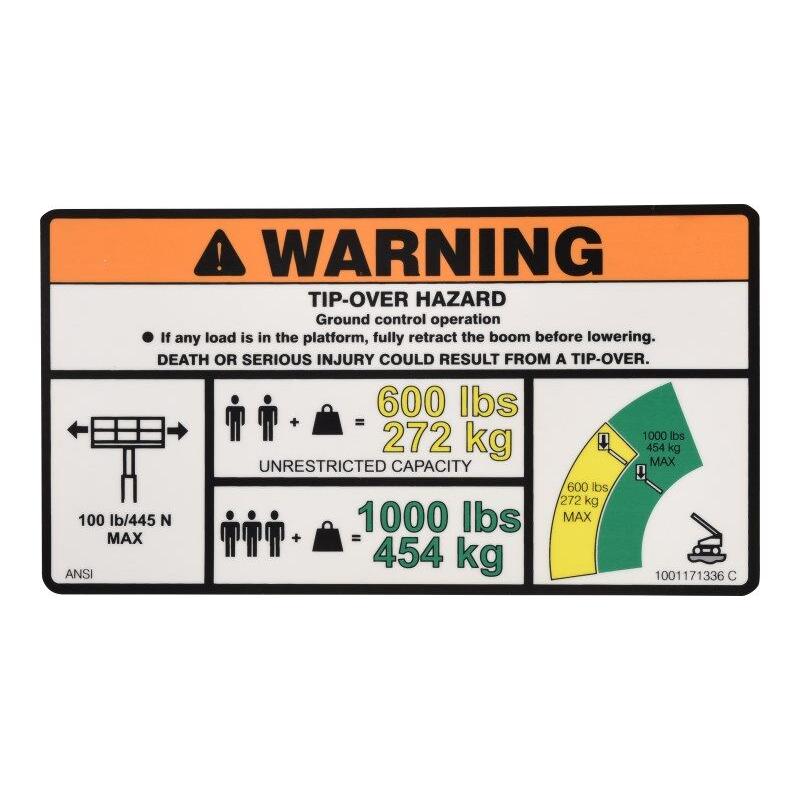 JLG Part # 1001171336 - DECAL. WARNING DUAL CAP. (ANSI)