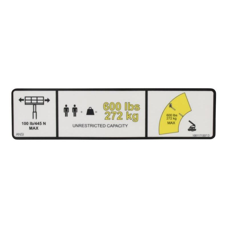 JLG Part # 1001171337 - DECAL. WARNING MAX CAP. (ANSI)