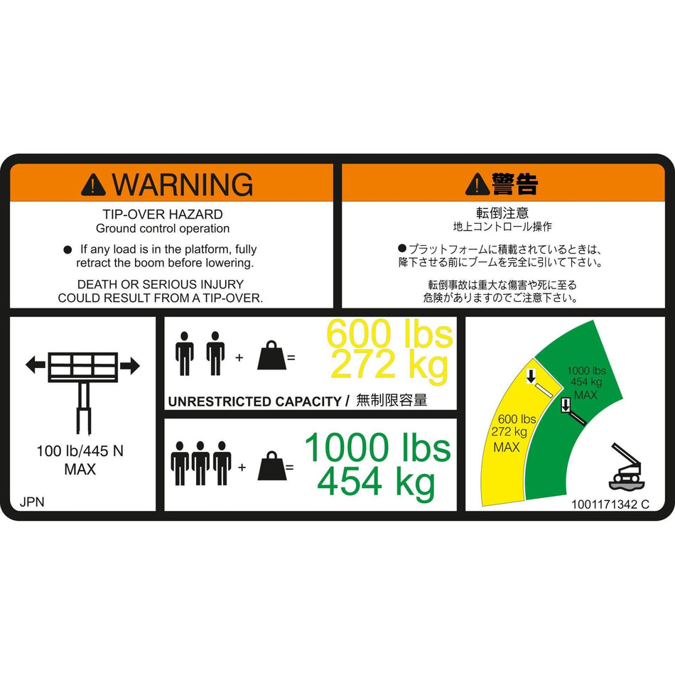 JLG Part # 1001171342 - DECAL. WARNING DUAL CAP. (JPN)