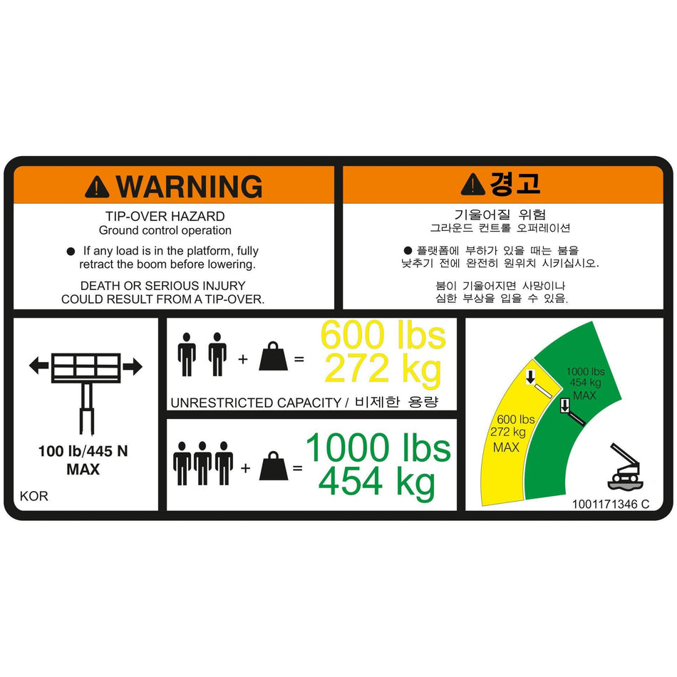 JLG Part # 1001171346 - DECAL. WARNING DUAL CAP. (KOR)