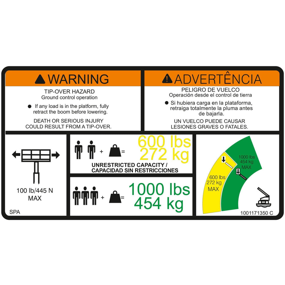 JLG Part # 1001171350 - DECAL. WARNING DUAL CAP. (SPA)