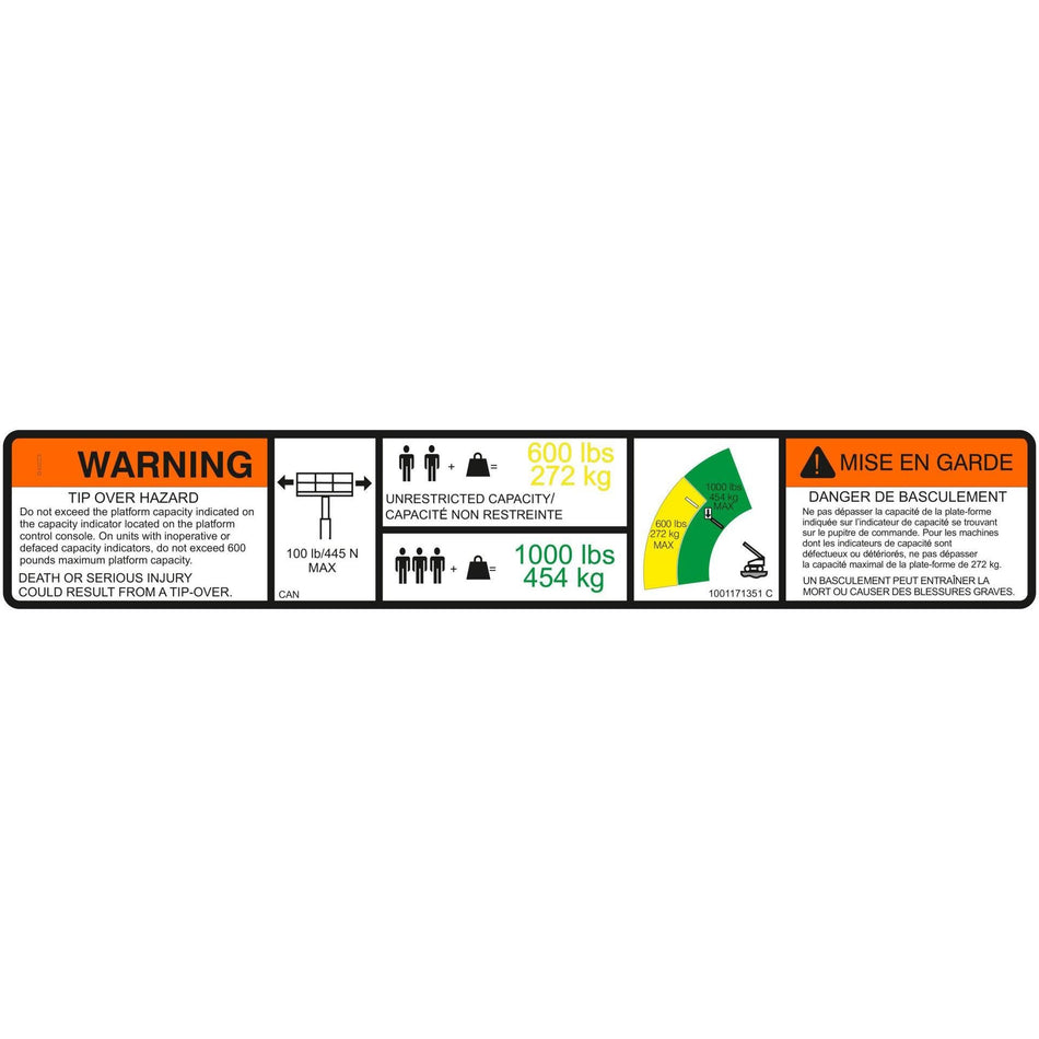 JLG Part # 1001171351 - DECAL. WARNING DUAL CAP. (FRE)