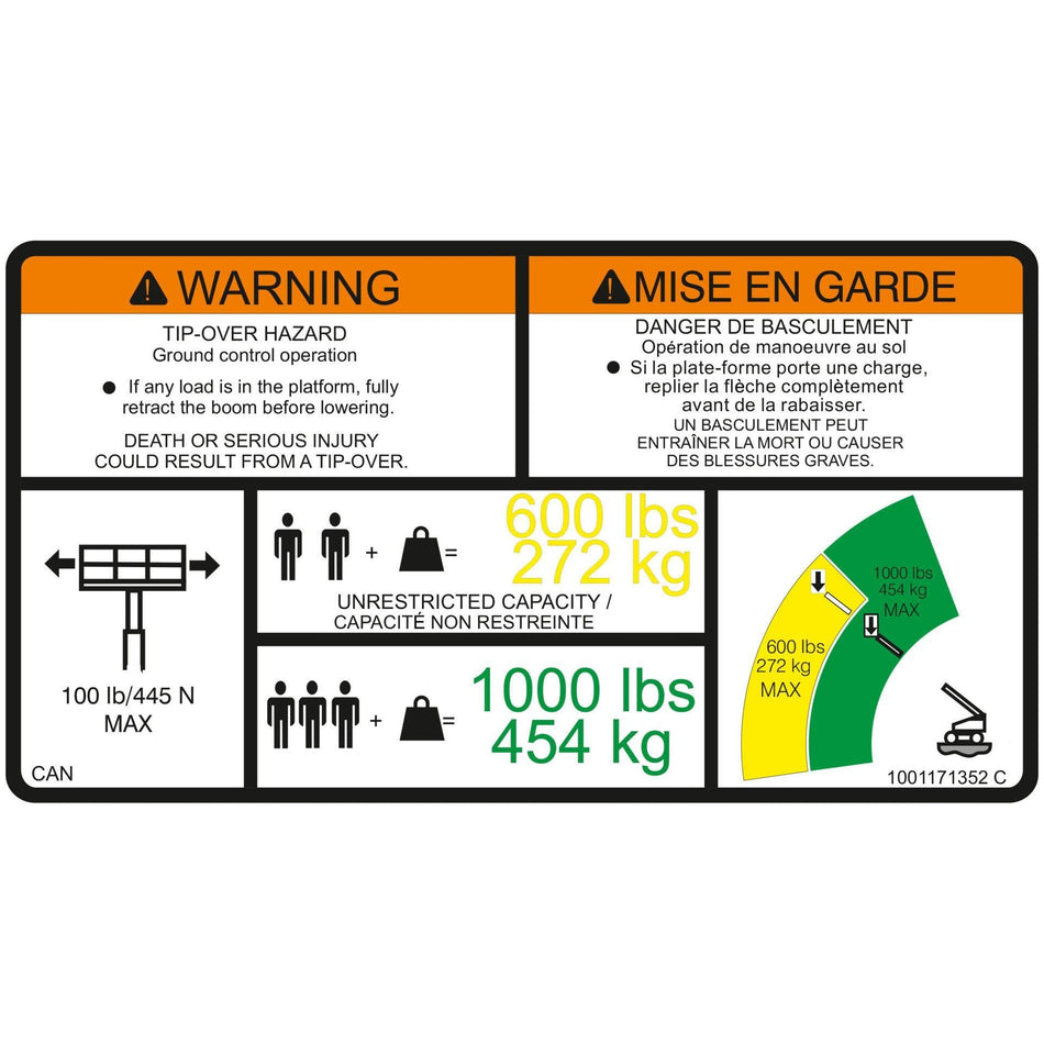 JLG Part # 1001171352 - DECAL. WARNING DUAL CAP. (FRE)