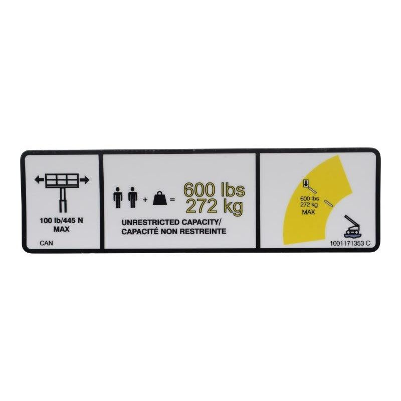 JLG Part # 1001171353 - DECAL. WARNING MAX CAP. (FRE)