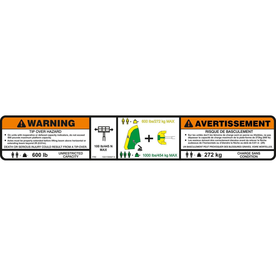 JLG Part # 1001199567 - DECAL. WARNING DUAL CAP.FRE/ENG