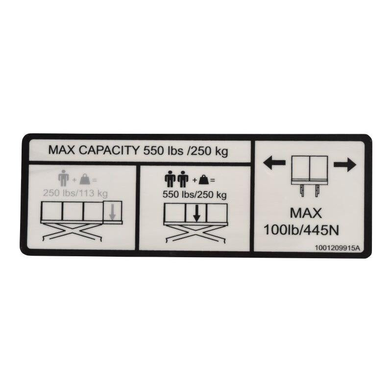 JLG Part # 1001209915 - DECAL. CAPACITY (550LBS/250KG)