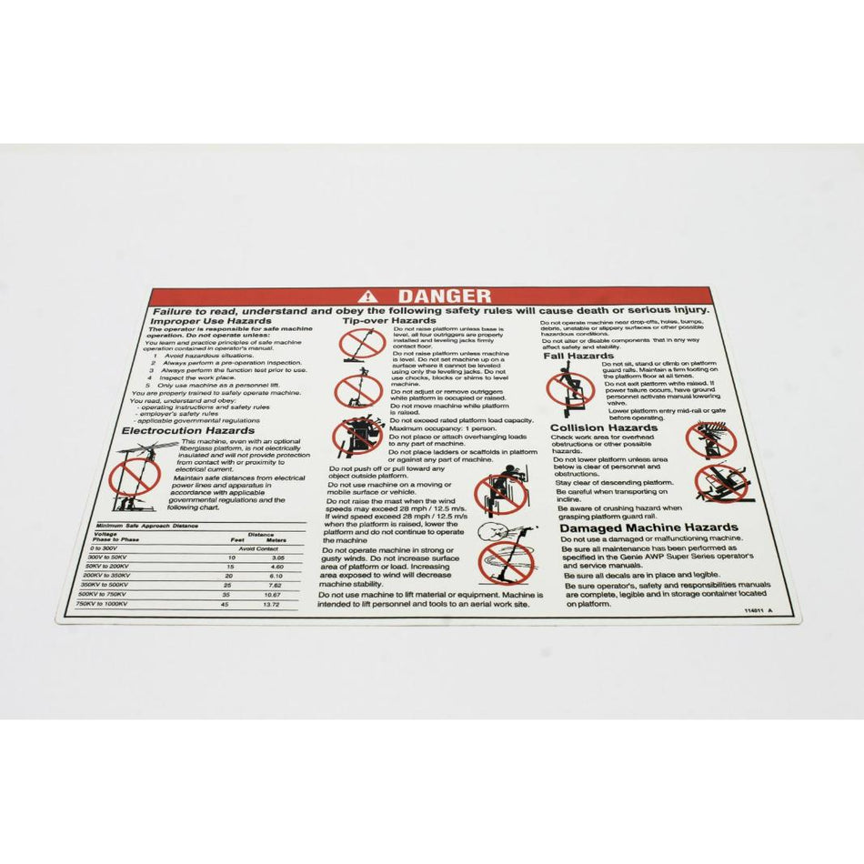 Genie Part # 114011. 114011GT - DECAL.DANGER-GENERAL SAFETY***