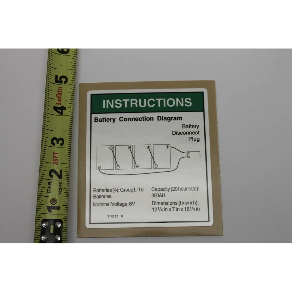 Genie Part # 114117. 114117GT - DECAL.BATT CONN DIAGRAM
