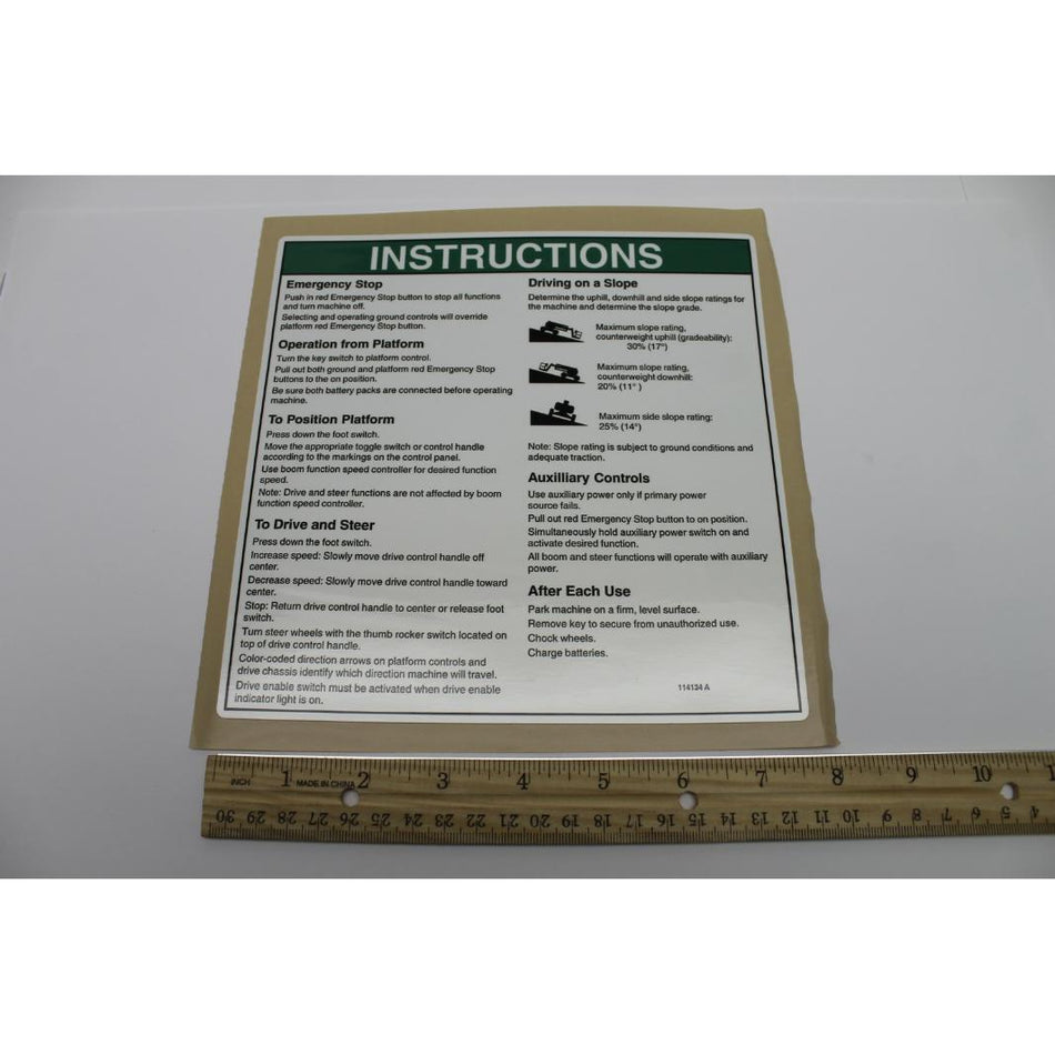 Genie Part # 114134. 114134GT - DECAL. OP INST. PLATFORM