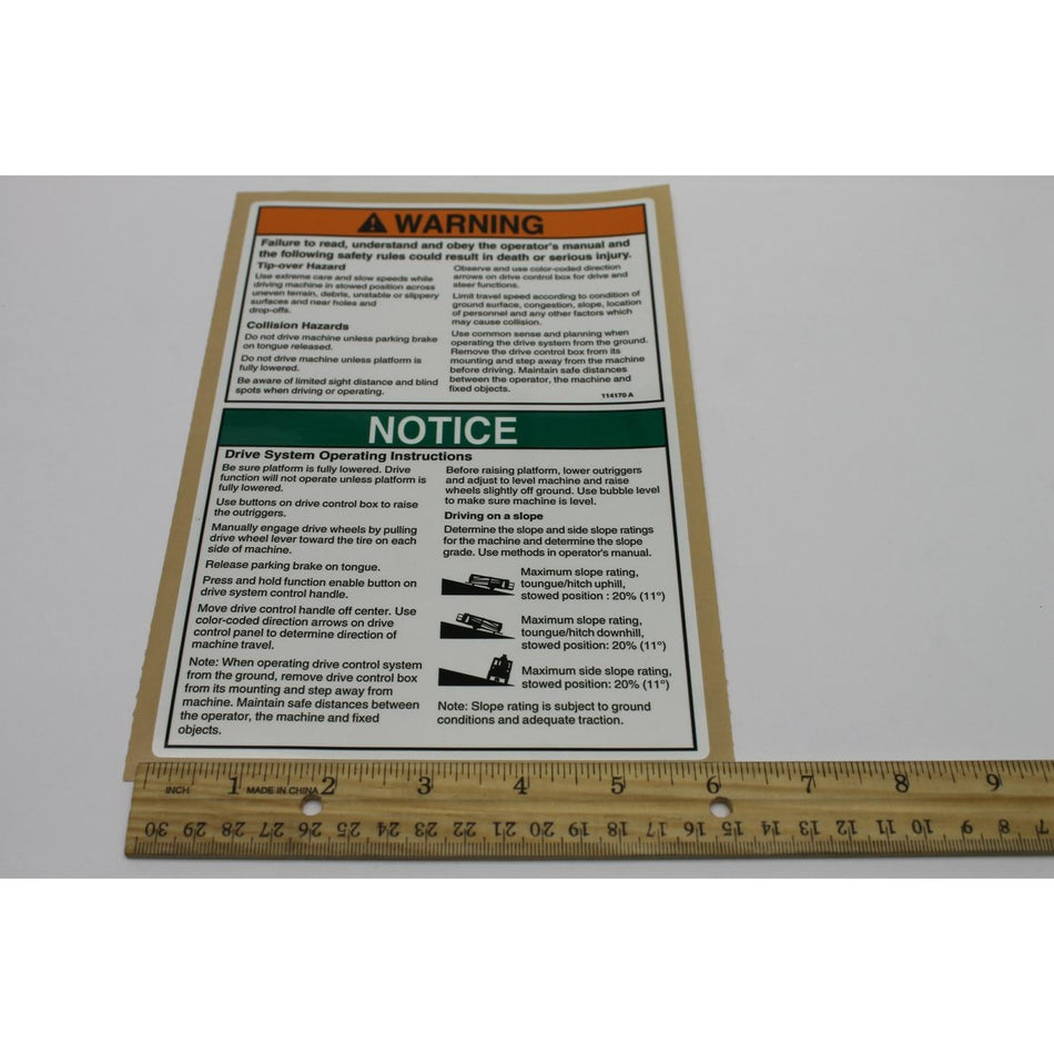 Genie Part # 114170. 114170GT - DECAL. WARNING. DRIVE SYSTEM