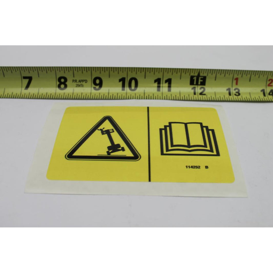Genie Part # 114252. 114252GT - DECAL.LABEL.TIP OVER LMT SWTCH